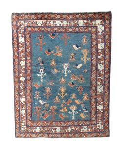 Full view of 2000s Persian Gabbeh rug from Iran / Persia, 153 × 120 cm in Green tones