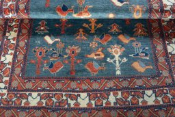 Full view of 2000s Persian Gabbeh rug from Iran / Persia, 153 × 120 cm in Green tones