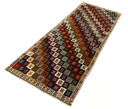 Corner detail of 2000s Persian Gabbeh rug showing border pattern and Wool pile