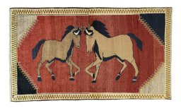 Full view of 2000s Persian Gabbeh rug from Iran / Persia, 177 × 105 cm in Red tones