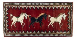 Full view of 2000s Persian Gabbeh rug from Iran / Persia, 218 × 110 cm in Red tones
