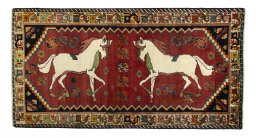 Full view of 2000s Persian Gabbeh rug from Iran / Persia, 217 × 114 cm in Red tones