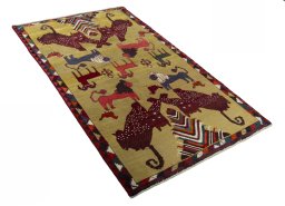 Close-up detail of 2000s Persian Gabbeh rug from Iran / Persia showing Wool weave
