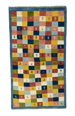 Full view of 2000s Persian Gabbeh rug from Iran / Persia, 160 × 91 cm in Multi Color tones