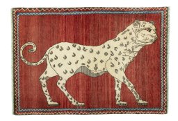 Full view of 2000s Persian Gabbeh rug from Iran / Persia, 148 × 105 cm in Red tones