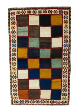 Full view of 2000s Persian Gabbeh rug from Iran / Persia, 195 × 122 cm in Multi Color tones