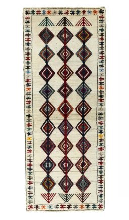 Full view of 2000s Persian Gabbeh rug from Iran / Persia, 213 × 86 cm in Beige tones