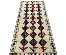 Surface texture of 2000s Persian Gabbeh rug with natural Wool and intricate pattern