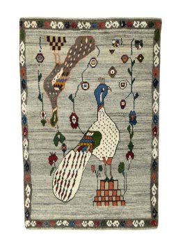 Full view of 2000s Persian Gabbeh rug from Iran / Persia, 158 × 103 cm in Gray tones