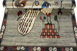 Full view of 2000s Persian Gabbeh rug from Iran / Persia, 158 × 103 cm in Gray tones