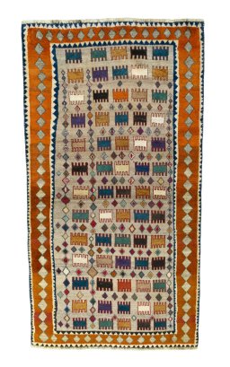 Full view of 2000s Persian Gabbeh rug from Iran / Persia, 228 × 123 cm in Multi Color tones