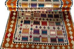 Full view of 2000s Persian Gabbeh rug from Iran / Persia, 228 × 123 cm in Multi Color tones
