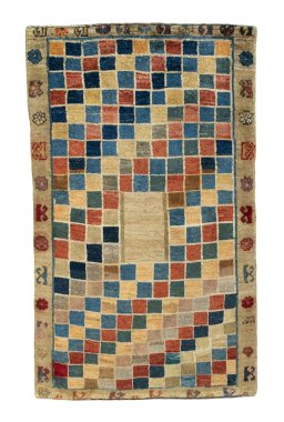 Full view of 2000s Persian Gabbeh rug from Iran / Persia, 170 × 103 cm in Multi Color tones