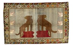 Full view of 2000s Persian Gabbeh rug from Iran / Persia, 247 × 160 cm in Beige tones