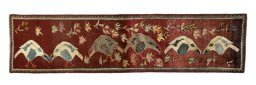 Full view of 2000s Persian Gabbeh rug from Iran / Persia, 323 × 83 cm in Red tones