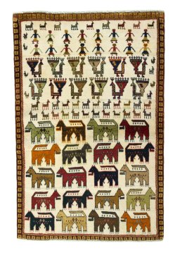 Full view of 2000s Persian Gabbeh rug from Iran / Persia, 161 × 107 cm in Beige tones
