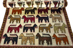 Full view of 2000s Persian Gabbeh rug from Iran / Persia, 161 × 107 cm in Beige tones