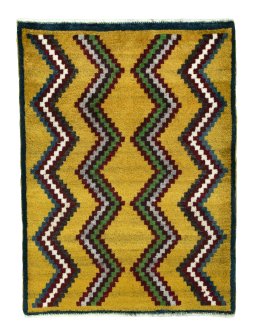 Full view of 2000s Persian Gabbeh rug from Iran / Persia, 97 × 73 cm in Yellow tones