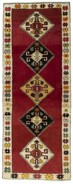 Full view of 2000s Persian Gabbeh rug from Iran / Persia, 181 × 71 cm in Red tones