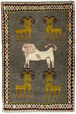Full view of 2000s Persian Gabbeh rug from Iran / Persia, 160 × 107 cm in Gray tones