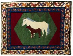 Full view of 2000s Persian Gabbeh rug from Iran / Persia, 73 × 58 cm in Green tones