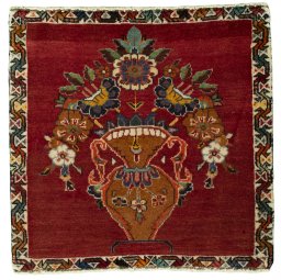 Full view of 2000s Persian Gabbeh rug from Iran / Persia, 56 × 59 cm in Red tones