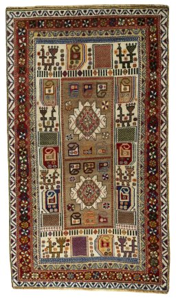 Full view of 2000s Persian Gabbeh rug from Iran / Persia, 185 × 106 cm in Beige tones