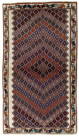 Full view of 2000s Persian Gabbeh rug from Iran / Persia, 197 × 113 cm in Multi Color tones