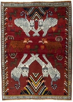 Full view of 1970s Persian Gabbeh rug from Iran / Persia, 181 × 133 cm in Red tones