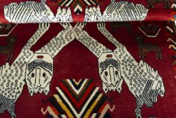Full view of 1970s Persian Gabbeh rug from Iran / Persia, 181 × 133 cm in Red tones