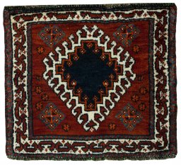 Full view of 2000s Persian Gabbeh rug from Iran / Persia, 54 × 61 cm in Red tones