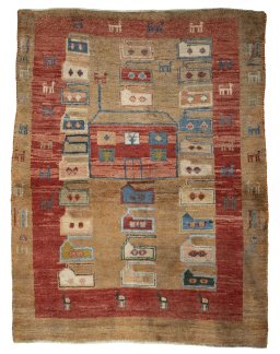 Full view of 2000s Persian Gabbeh rug from Iran / Persia, 155 × 120 cm in Beige tones
