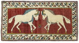 Full view of 2000s Persian Gabbeh rug from Iran / Persia, 217 × 115 cm in Red tones