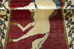 Full view of 2000s Persian Gabbeh rug from Iran / Persia, 217 × 115 cm in Red tones