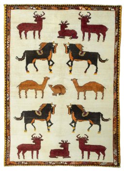 Full view of 2000s Persian Gabbeh rug from Iran / Persia, 215 × 155 cm in Beige tones