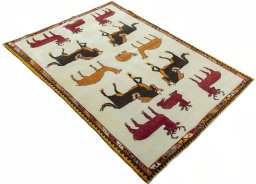 Close-up detail of 2000s Persian Gabbeh rug from Iran / Persia showing Wool weave