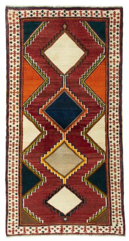 Full view of 2000s Persian Gabbeh rug from Iran / Persia, 155 × 80 cm in Red tones