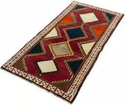 Corner detail of 2000s Persian Gabbeh rug showing border pattern and Wool pile