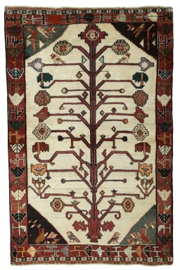 Full view of 2000s Persian Gabbeh rug from Iran / Persia, 187 × 120 cm in Beige tones