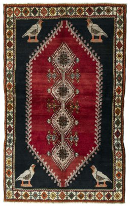 Full view of 2000s Persian Gabbeh rug from Iran / Persia, 245 × 147 cm in Red tones