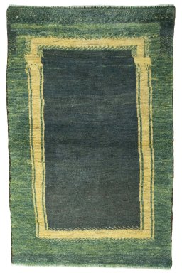 Full view of 2000s Persian Gabbeh rug from Iran / Persia, 134 × 85 cm in Green tones