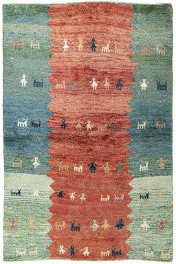 Full view of 1970s Persian Gabbeh rug from Iran / Persia, 183 × 121 cm in Red tones