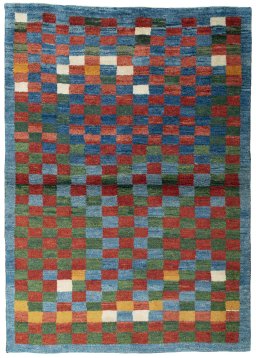 Full view of 2000s Persian Gabbeh rug from Pakistan, 215 × 153 cm in Blue tones