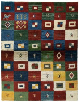Full view of 2000s Persian Gabbeh rug from Pakistan, 200 × 155 cm in Multi Color tones