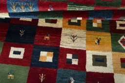 Full view of 2000s Persian Gabbeh rug from Pakistan, 200 × 155 cm in Multi Color tones