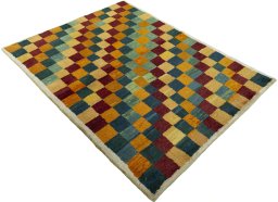 Close-up detail of 2000s Persian Gabbeh rug from Pakistan showing Wool weave