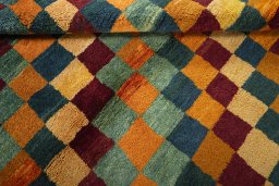 Full view of 2000s Persian Gabbeh rug from Pakistan, 196 × 148 cm in Multi Color tones