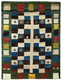 Full view of 2000s Persian Gabbeh rug from Pakistan, 154 × 117 cm in Multi Color tones