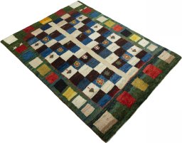Close-up detail of 2000s Persian Gabbeh rug from Pakistan showing Wool weave