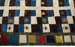 Close-up detail of 2000s Persian Gabbeh rug from Pakistan showing Wool weave